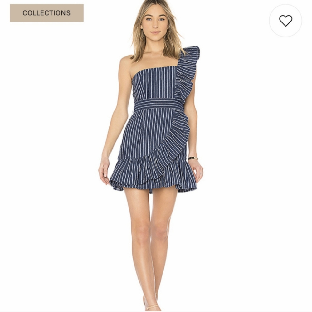 Alexis Konner Stripe One Shoulder Ruffle Linen Mini Dress XS